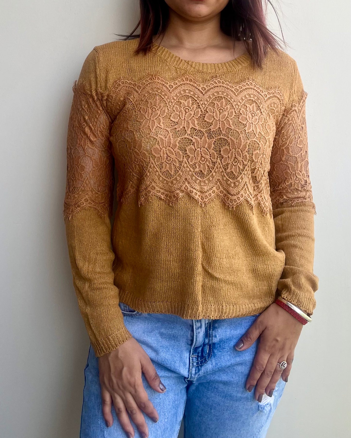 Mustard Lace Embellished Knitted Top