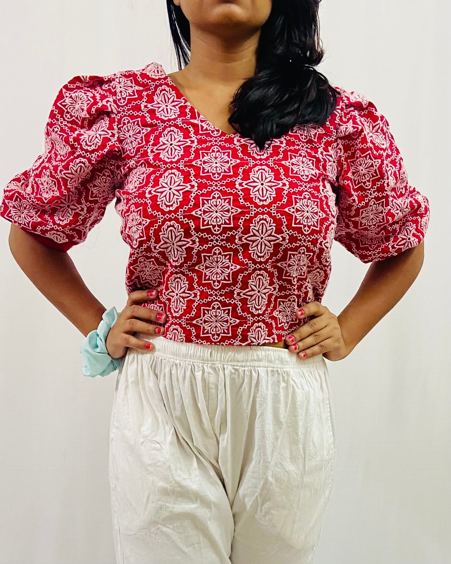 Cotton Schiffli V-Neck Top with Puff Sleeves