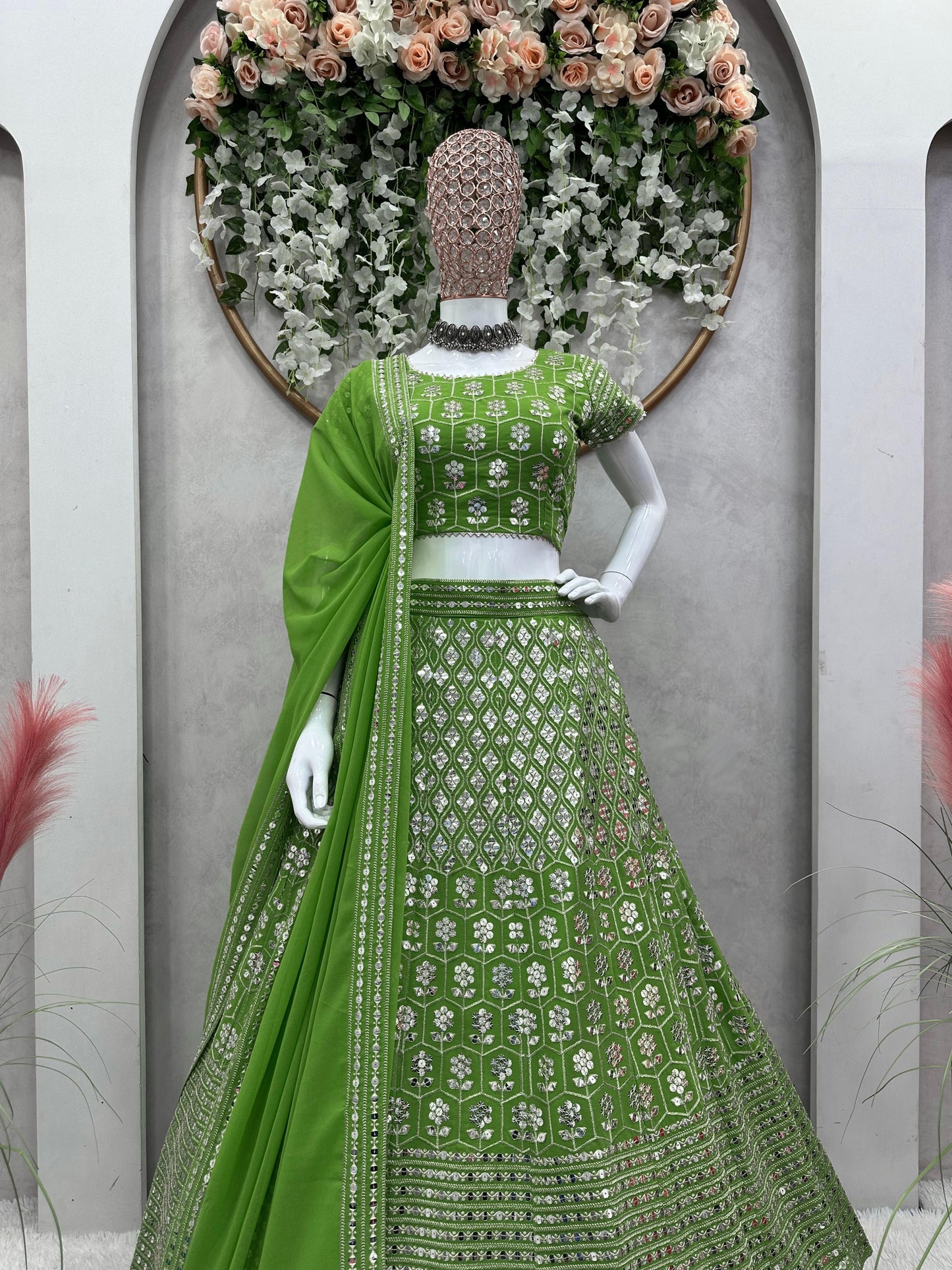 Sequins Work Lehenga Set in Green