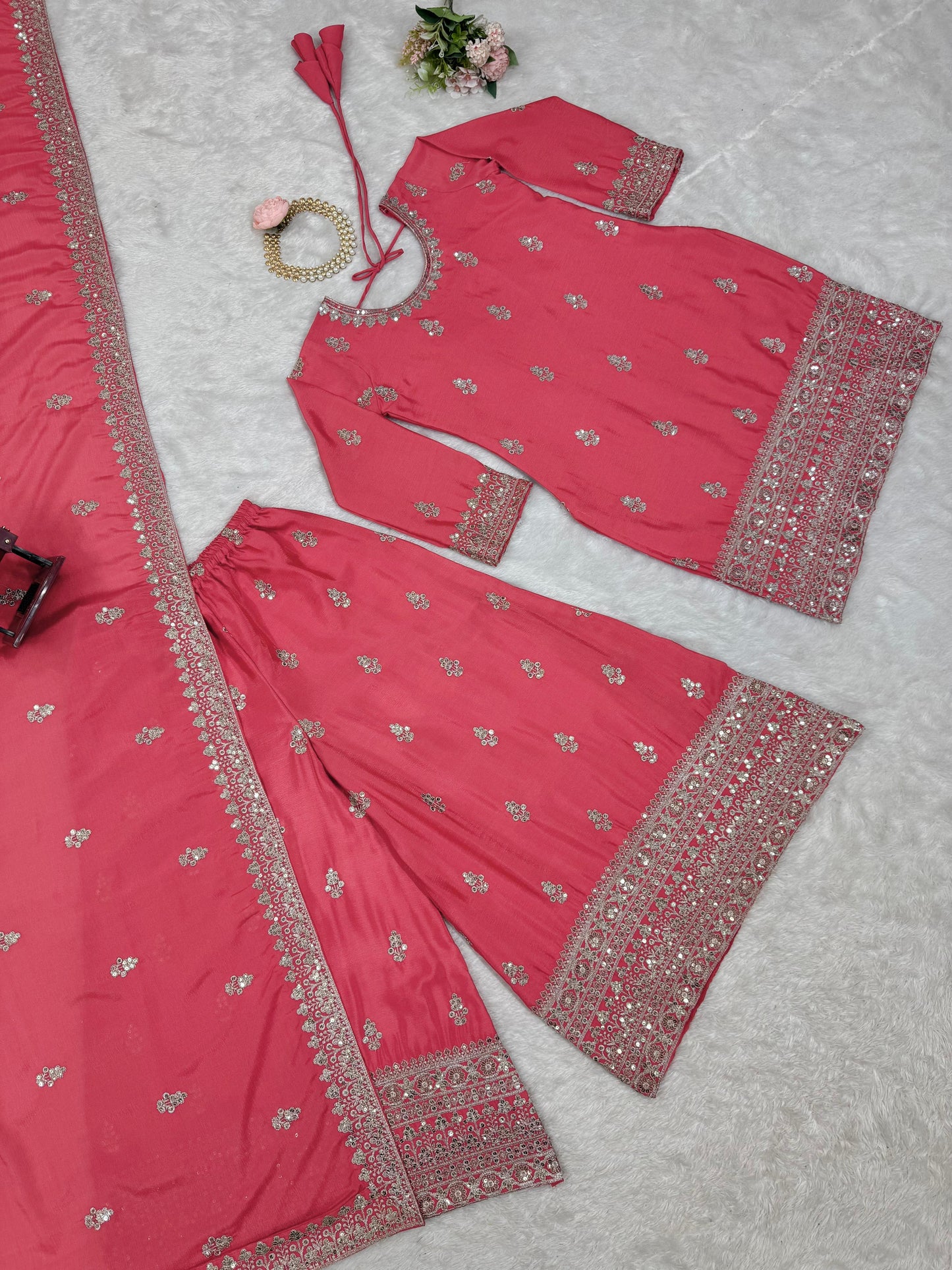 Embroidered Chinon Silk Kurta Palazzo Set