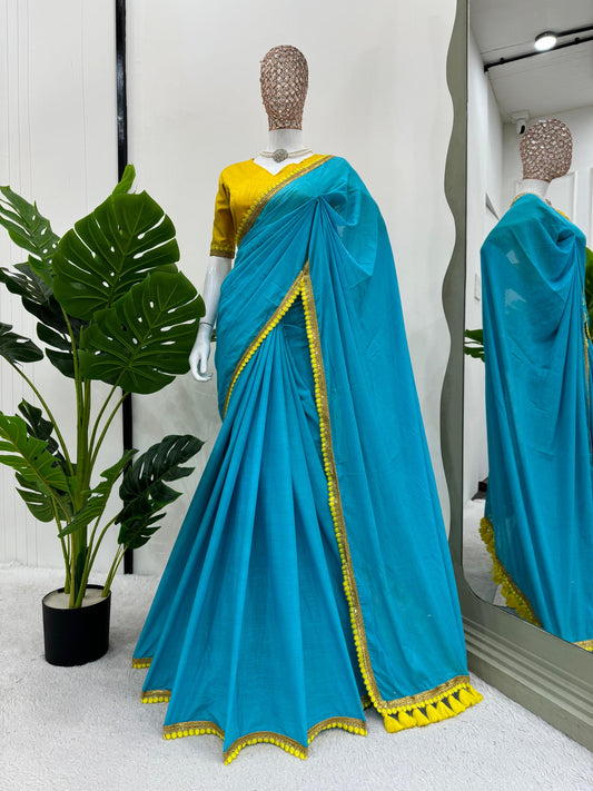 Lace Work Saree - Blue/Yellow