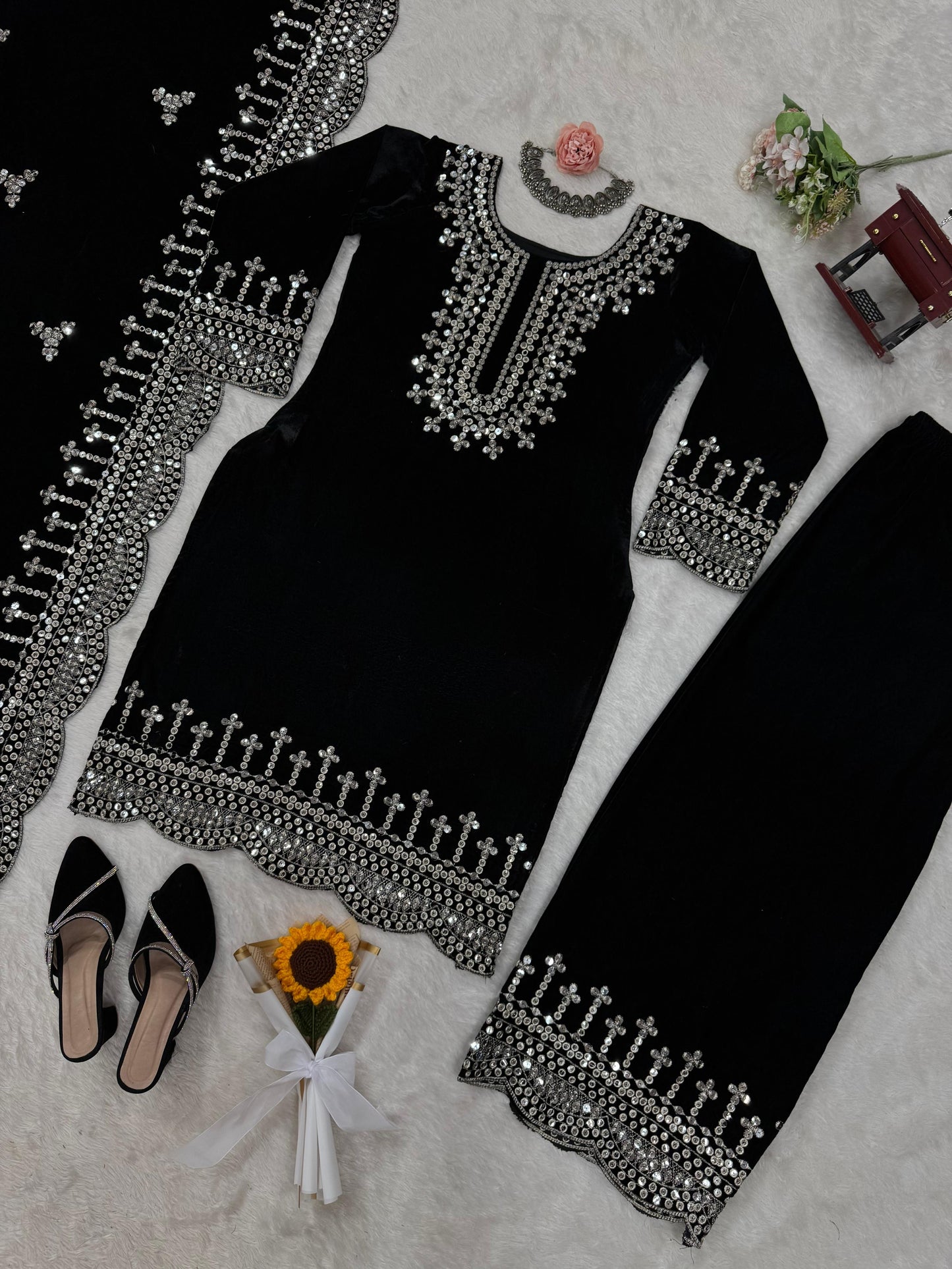 Sequins Work Kurta Set in Velvet