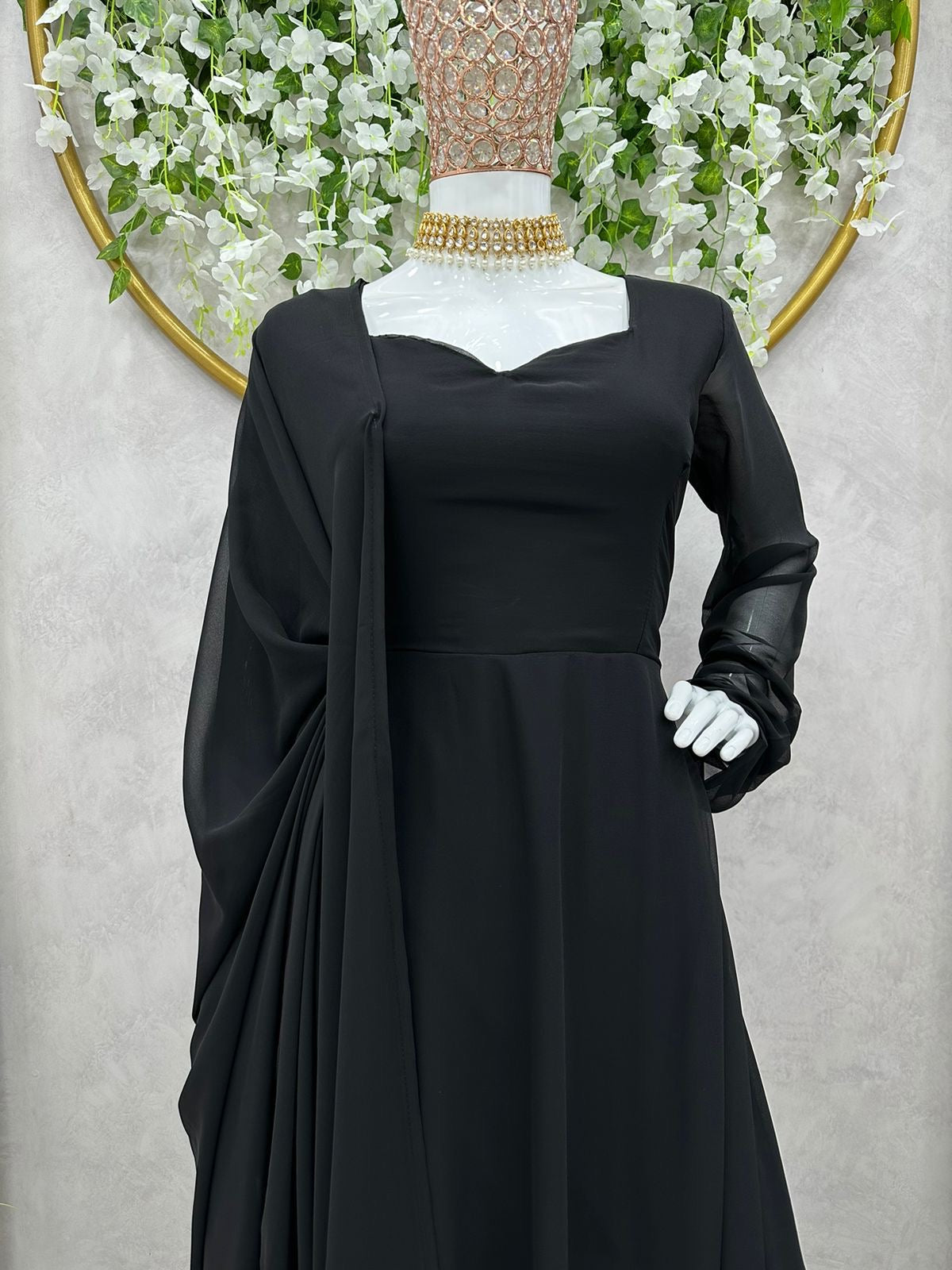 Plain Black Anarkali with Dupatta