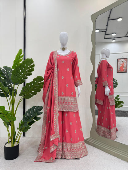 Embroidered Chinon Silk Kurta Palazzo Set