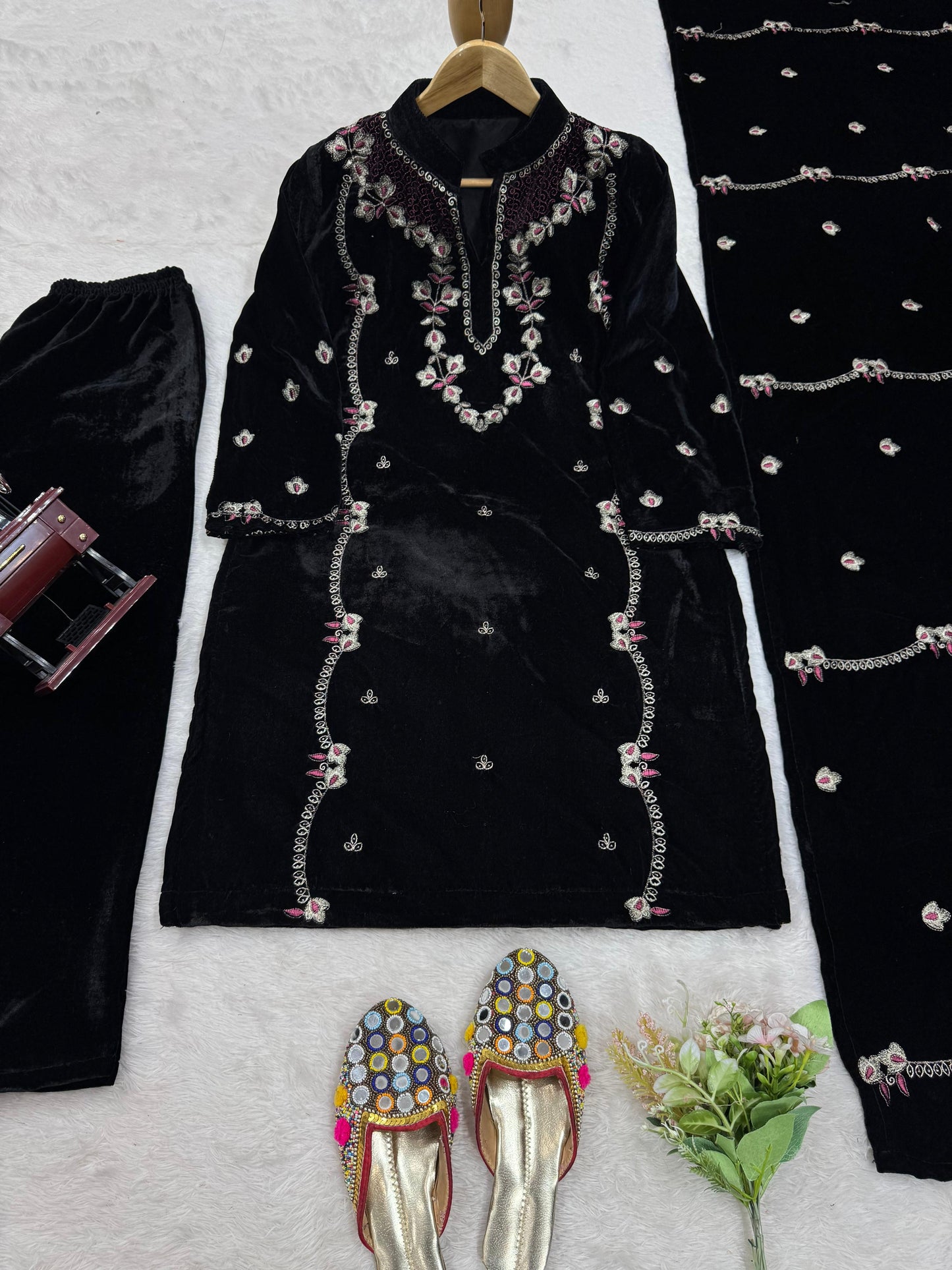 Embroidered Velvet Kurta Set