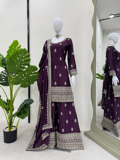 Embroidered Chinon Silk Kurta Palazzo Set