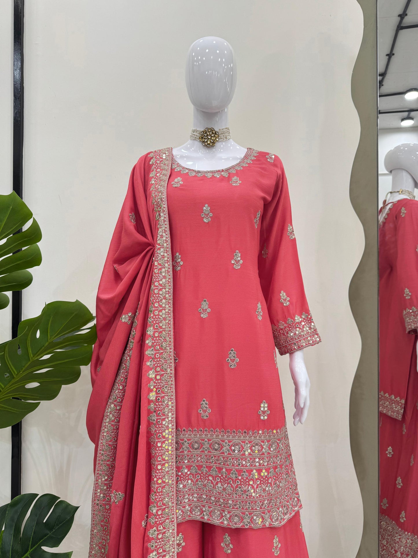 Embroidered Chinon Silk Kurta Palazzo Set