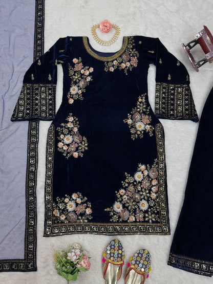 Embroidered Velvet Kurta Set