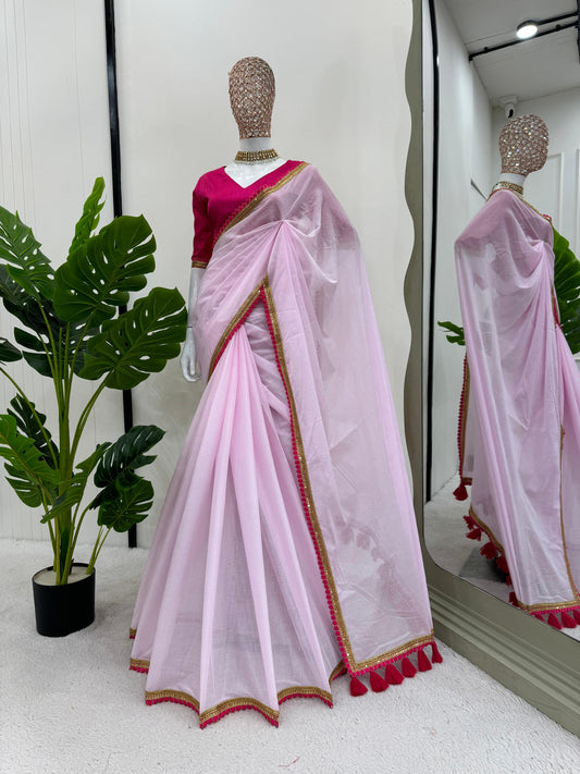 Lace Work Saree Pink Monochrome