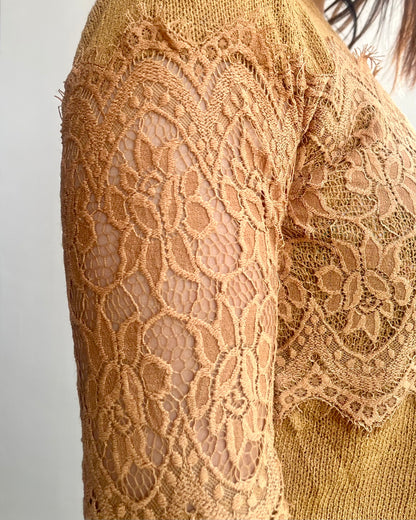 Mustard Lace Embellished Knitted Top