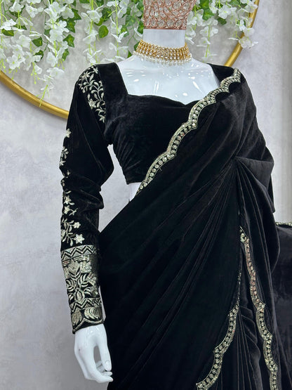 Designer Velvet Saree in Black