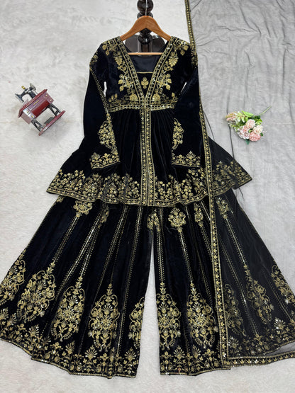 Velvet Slit Peplum Kurta Palazzo Set