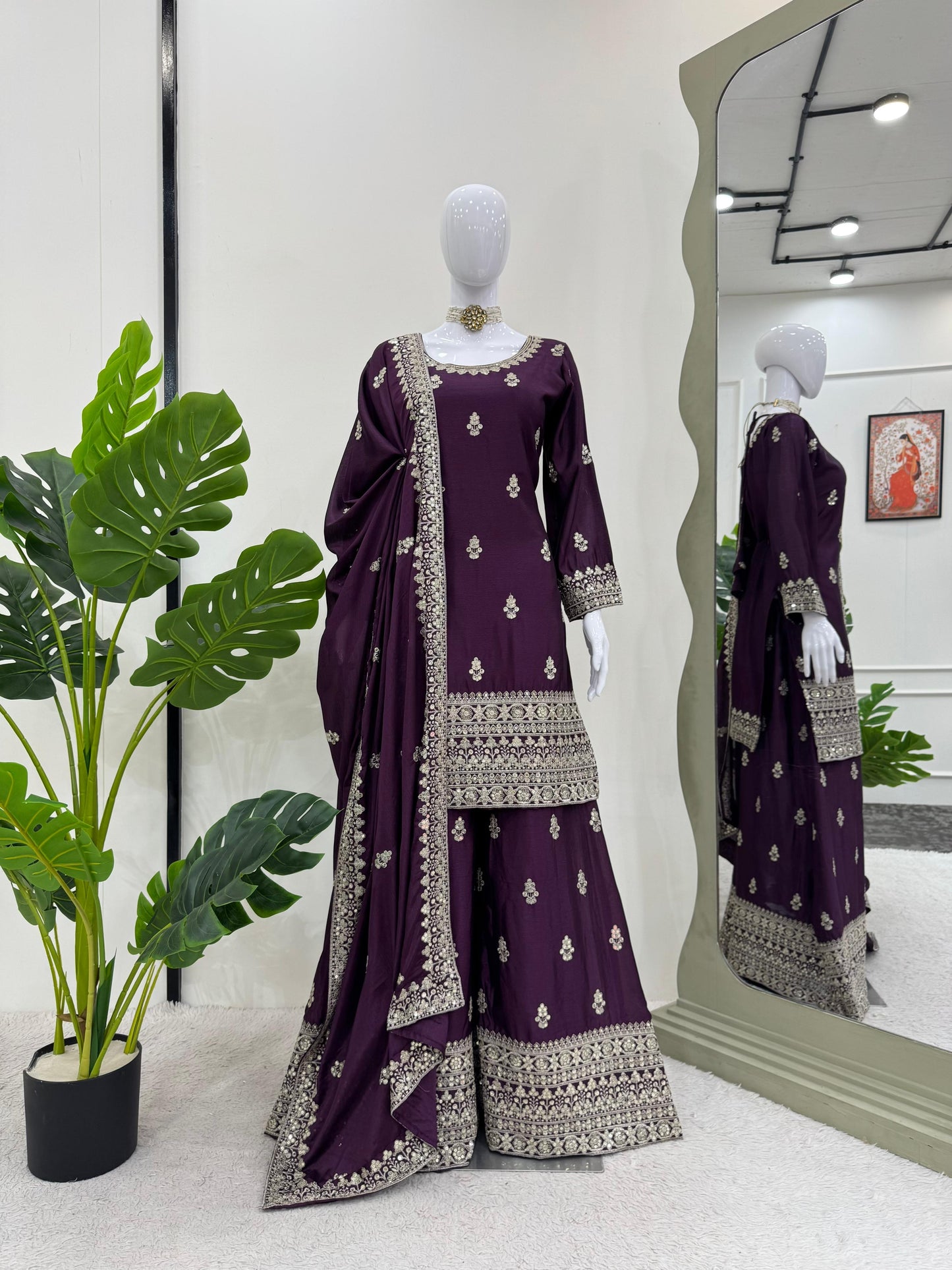 Embroidered Chinon Silk Kurta Palazzo Set