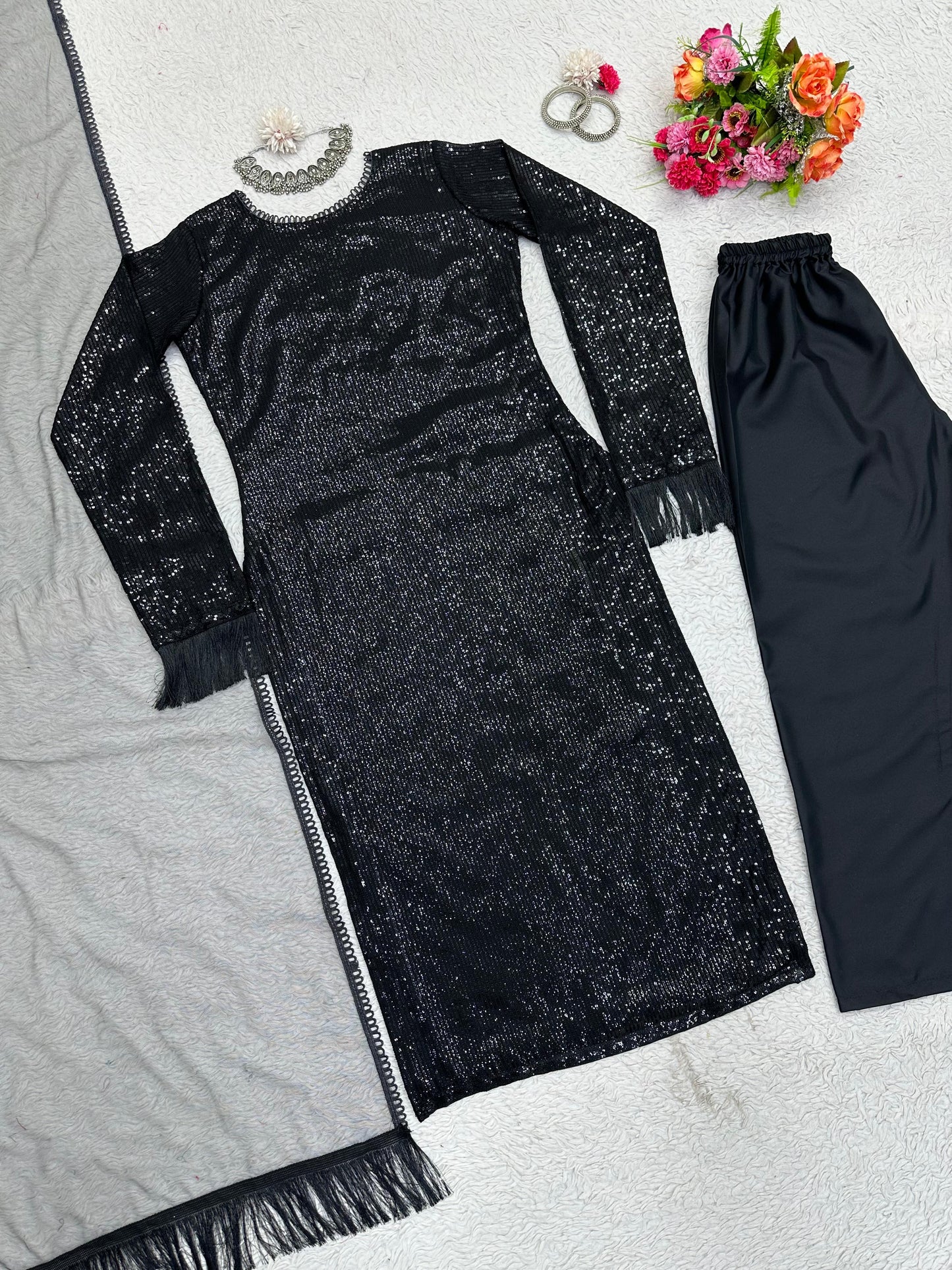 Sequins Black Kurta Set