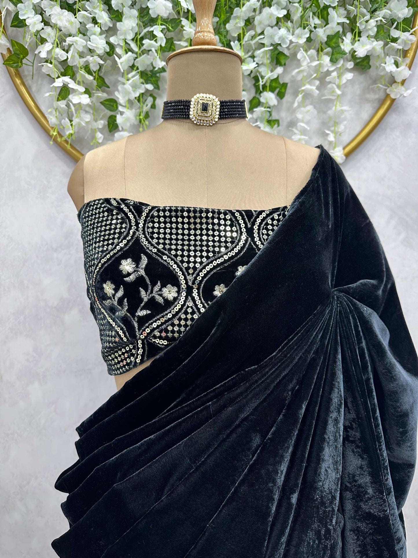 Velvet Saree with Sequins Work Blouse