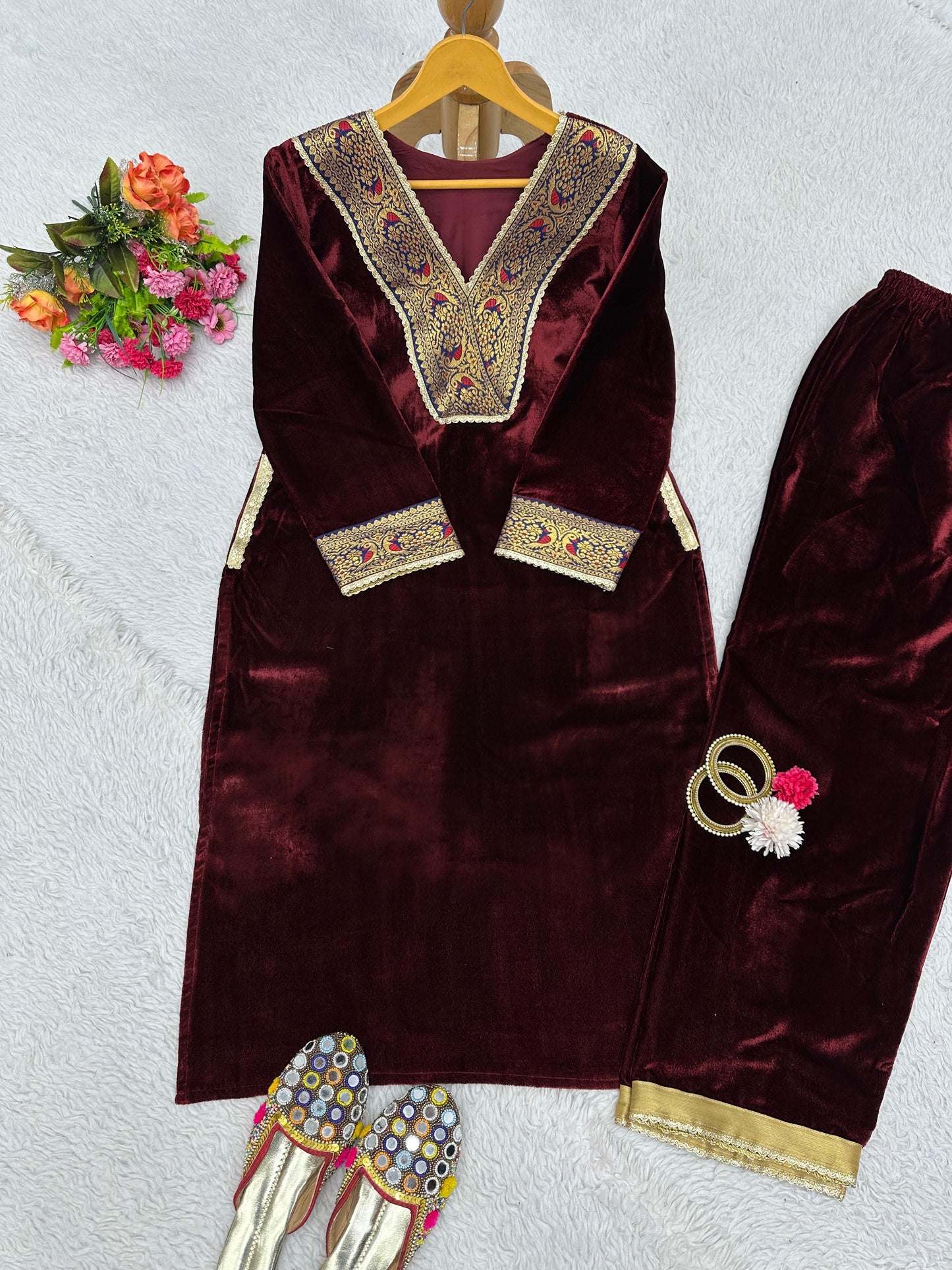 Velvet Kurta Set with Pockets