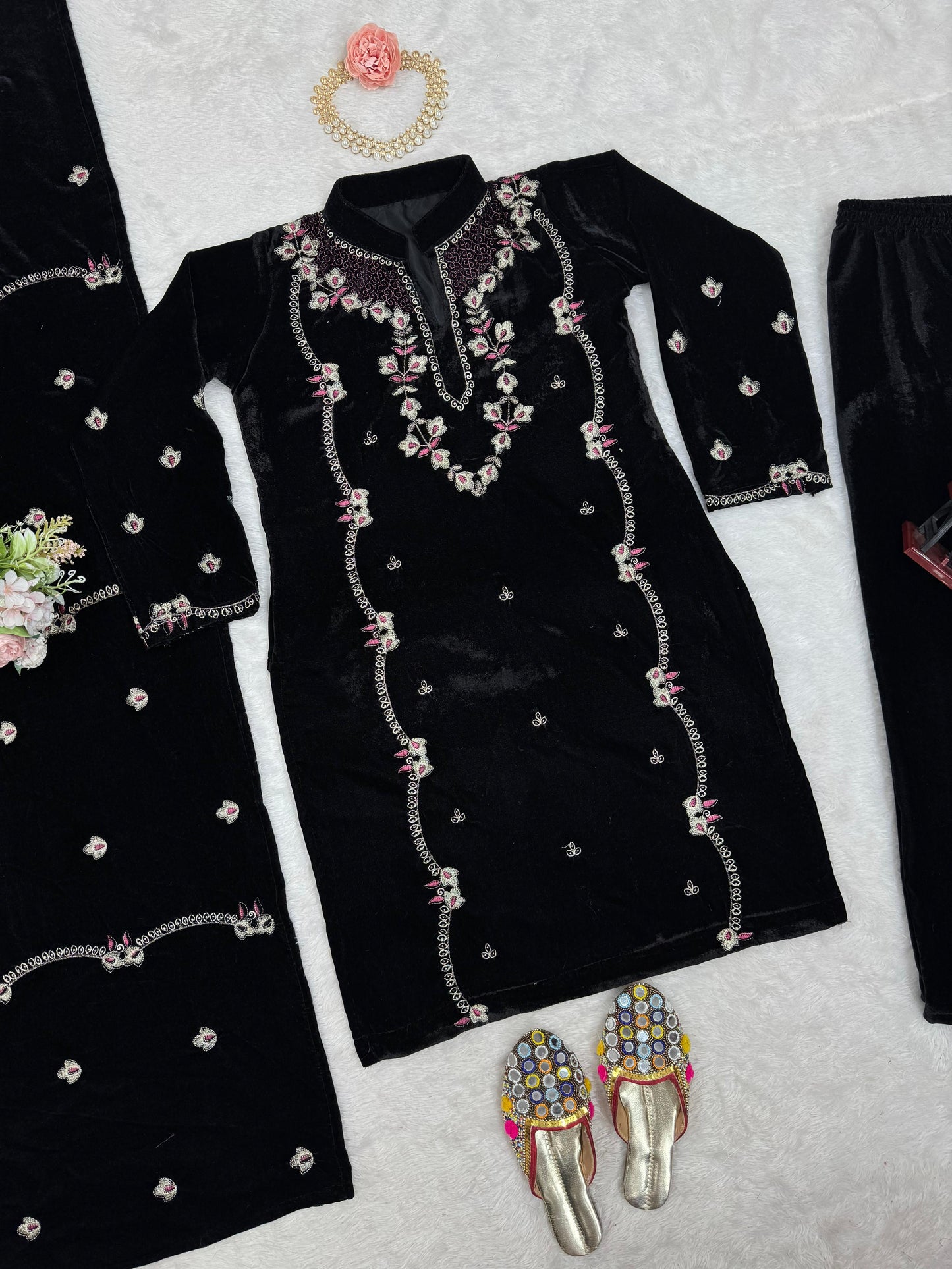 Embroidered Velvet Kurta Set