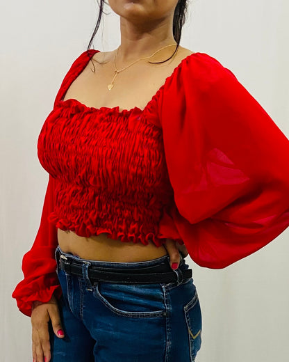 Smocked Top with Balloon Sleeves