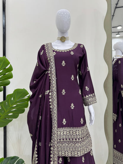 Embroidered Chinon Silk Kurta Palazzo Set