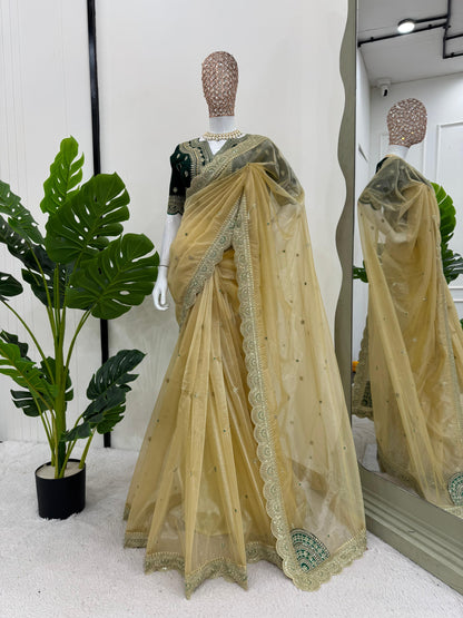 Twill Net Saree in Green and Gold