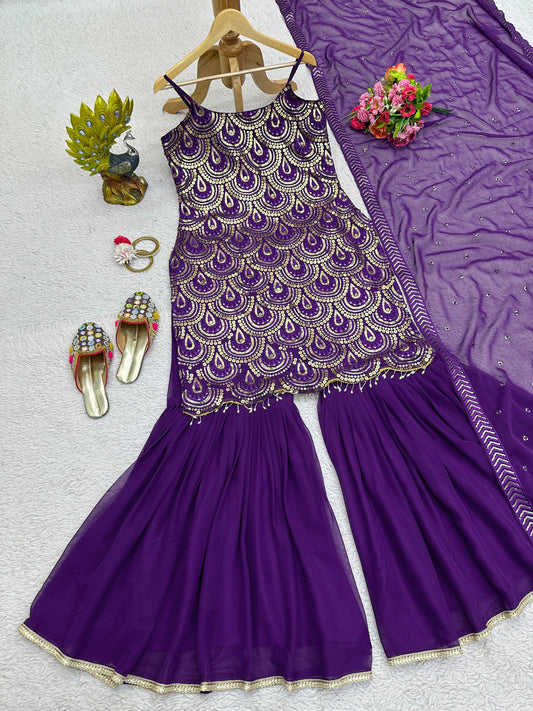 Thread and Sequins Work Kurta Sharara Set