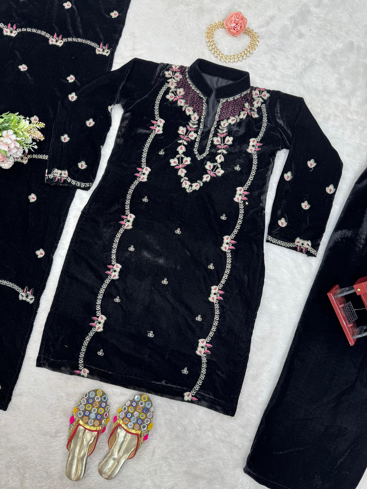 Embroidered Velvet Kurta Set