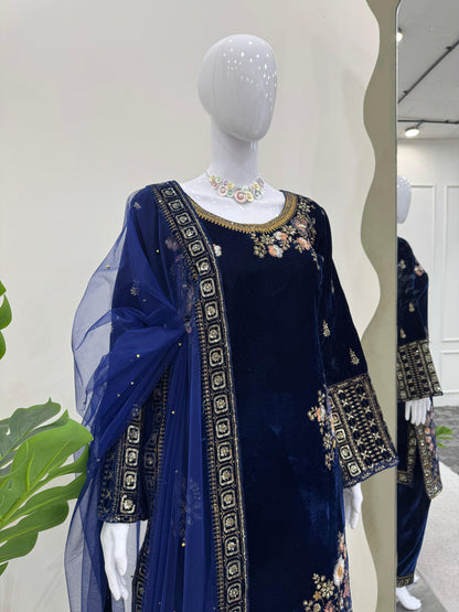 Embroidered Velvet Kurta Set