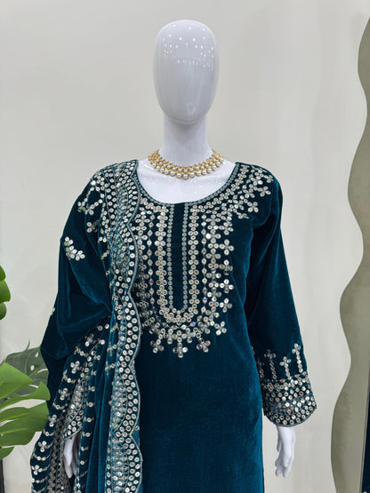 Sequins Work Kurta Set in Velvet