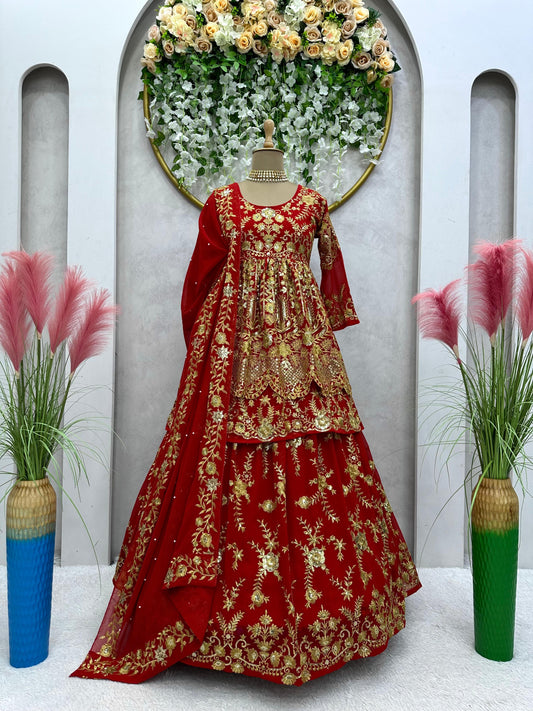 Sequins and Thread Work Designer Lehenga Set - Red and Gold