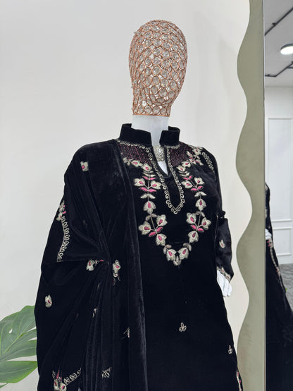 Embroidered Velvet Kurta Set