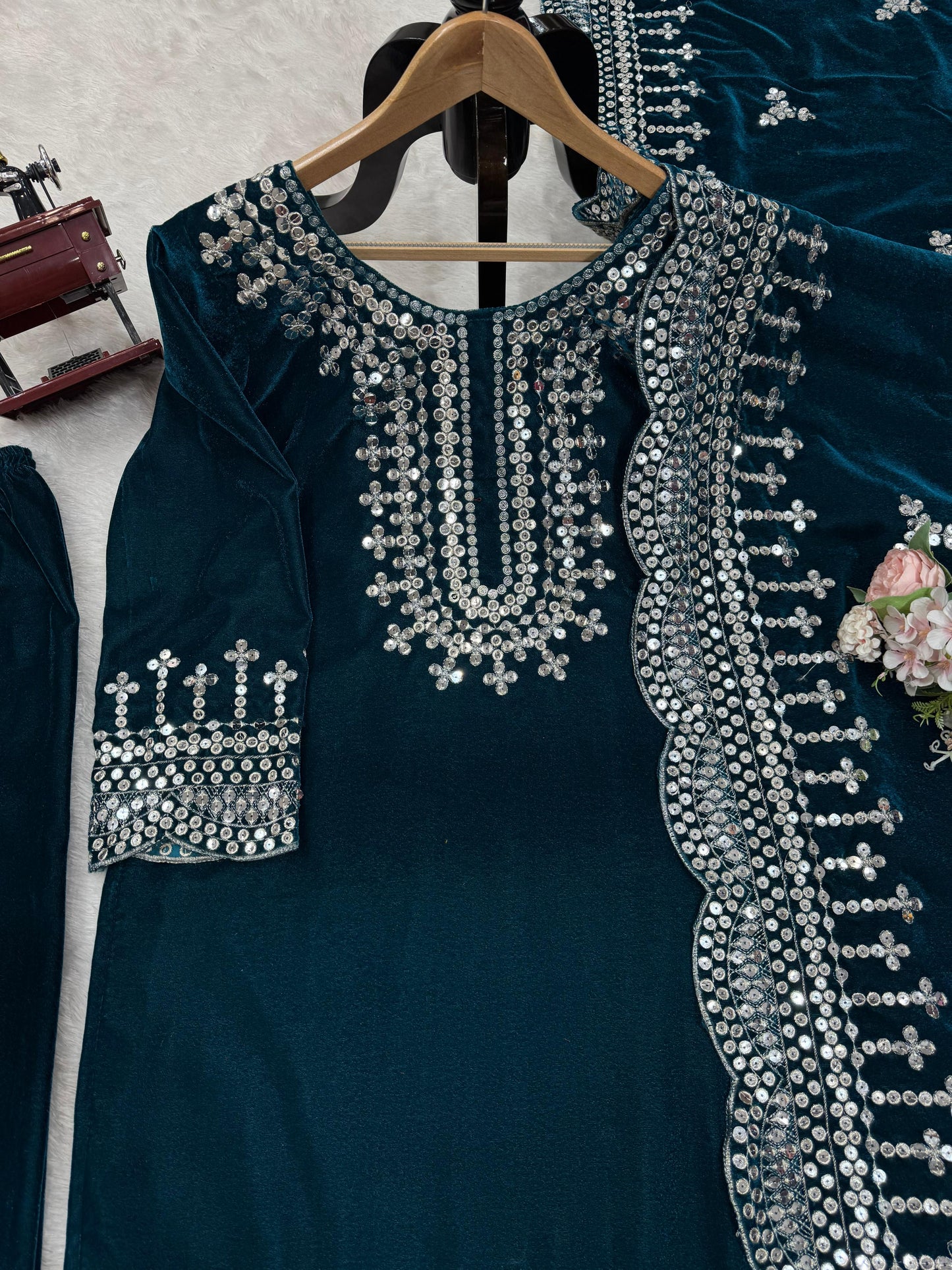 Sequins Work Kurta Set in Velvet