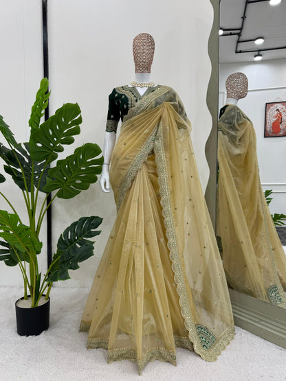 Twill Net Saree in Green and Gold