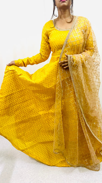 Silk Brocade Anarkali Dress with Net Dupatta