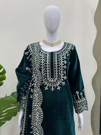 Sequins Work Kurta Set in Velvet