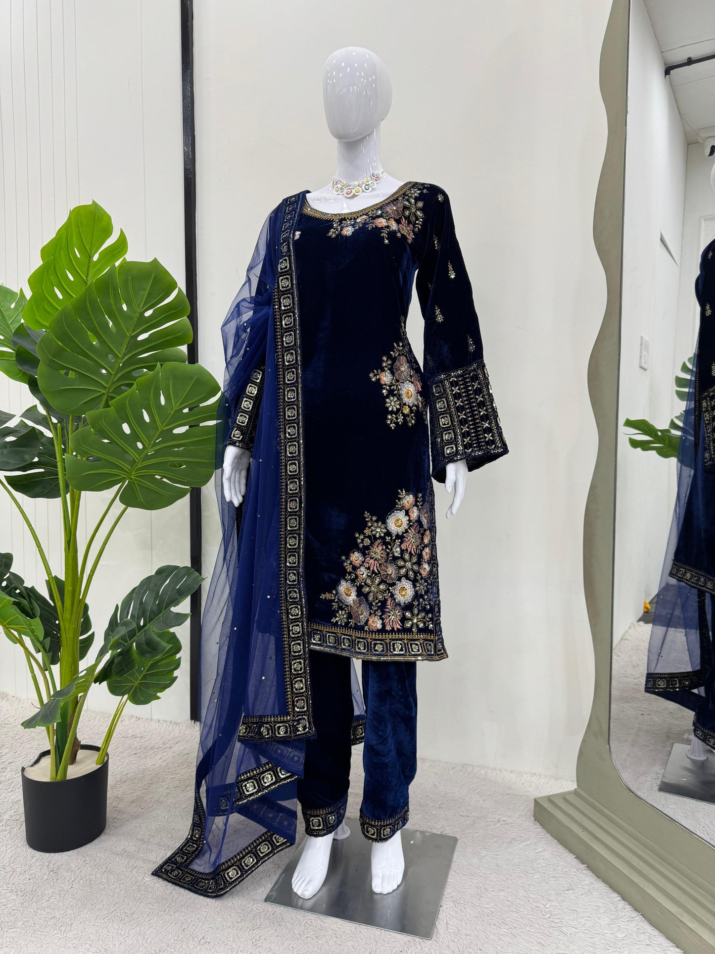 Embroidered Velvet Kurta Set