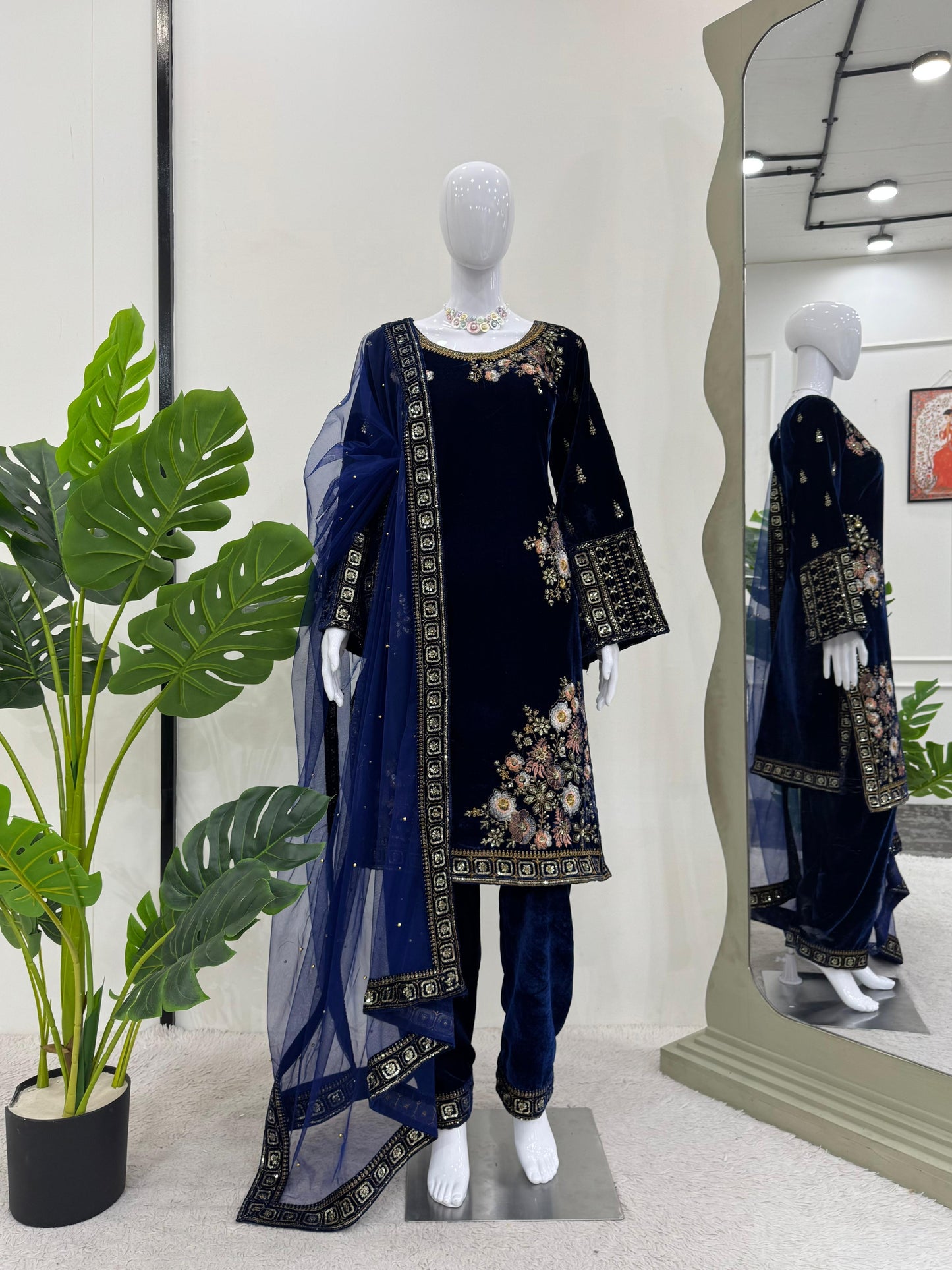 Embroidered Velvet Kurta Set