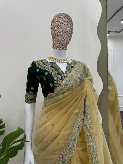 Twill Net Saree in Green and Gold