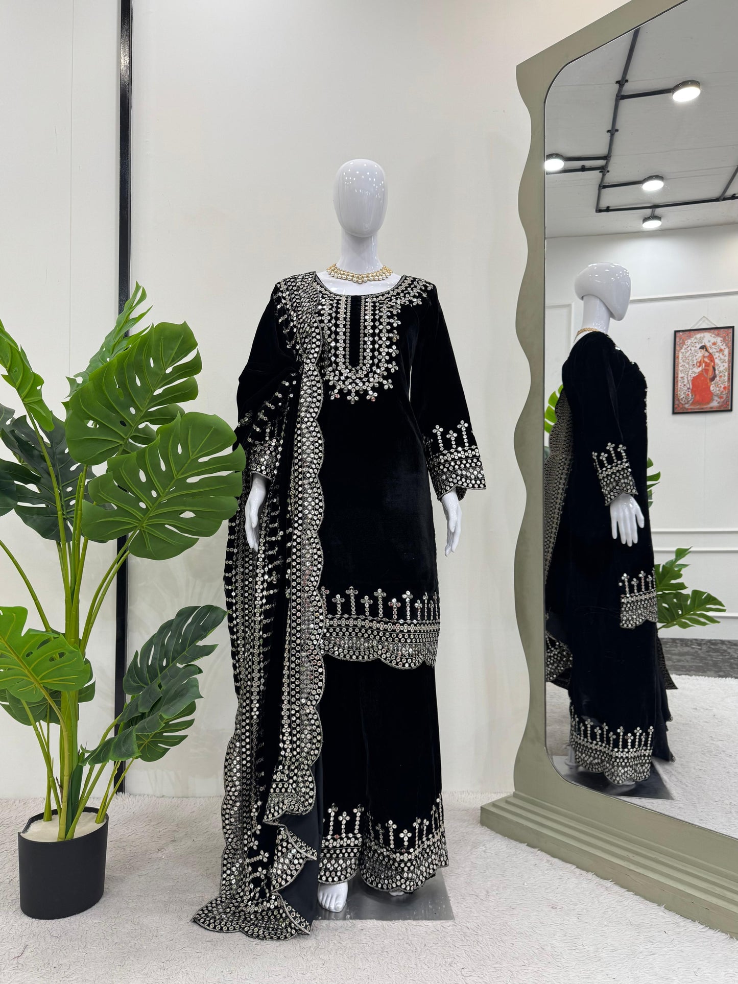 Sequins Work Kurta Set in Velvet