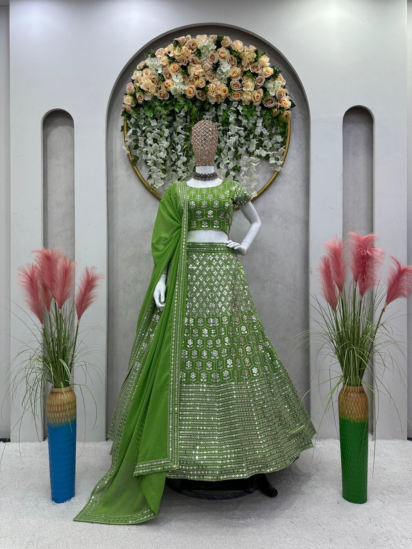 Sequins Work Lehenga Set in Green
