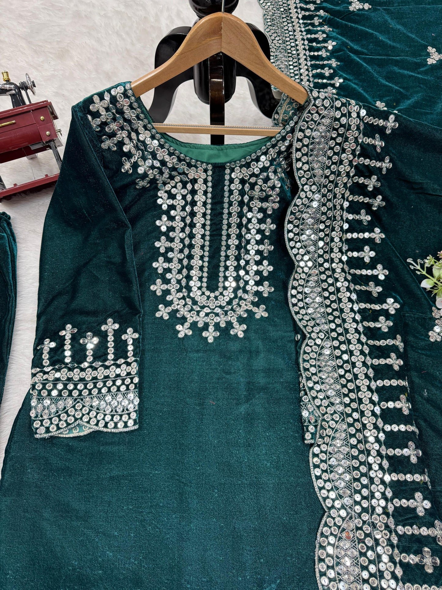 Sequins Work Kurta Set in Velvet