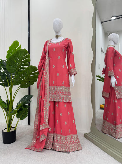 Embroidered Chinon Silk Kurta Palazzo Set