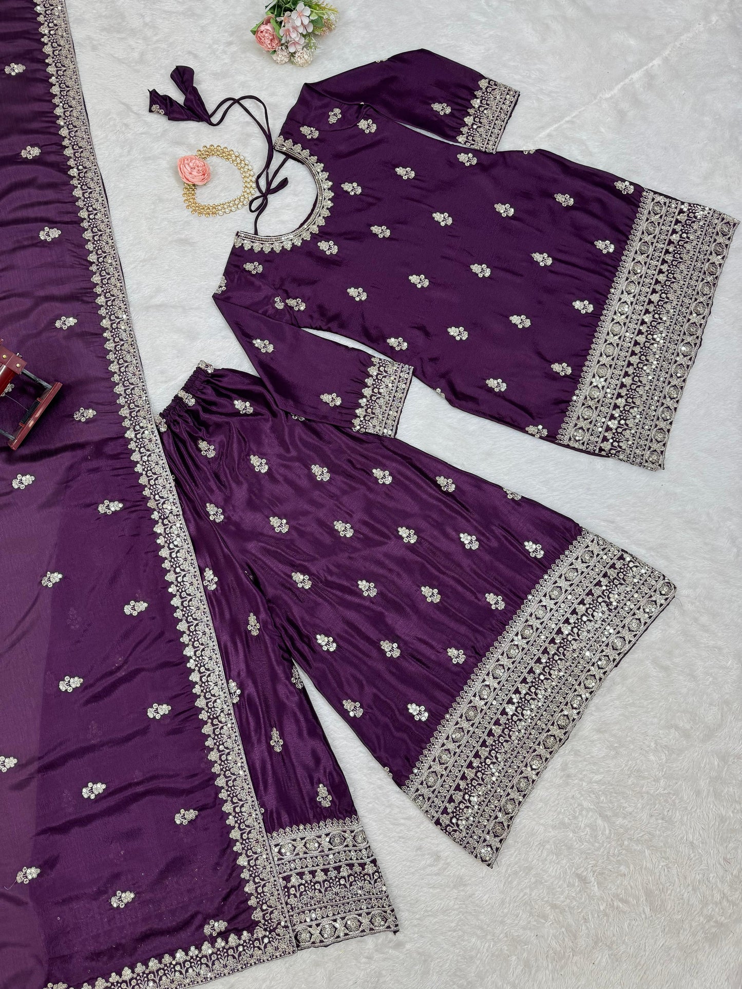 Embroidered Chinon Silk Kurta Palazzo Set