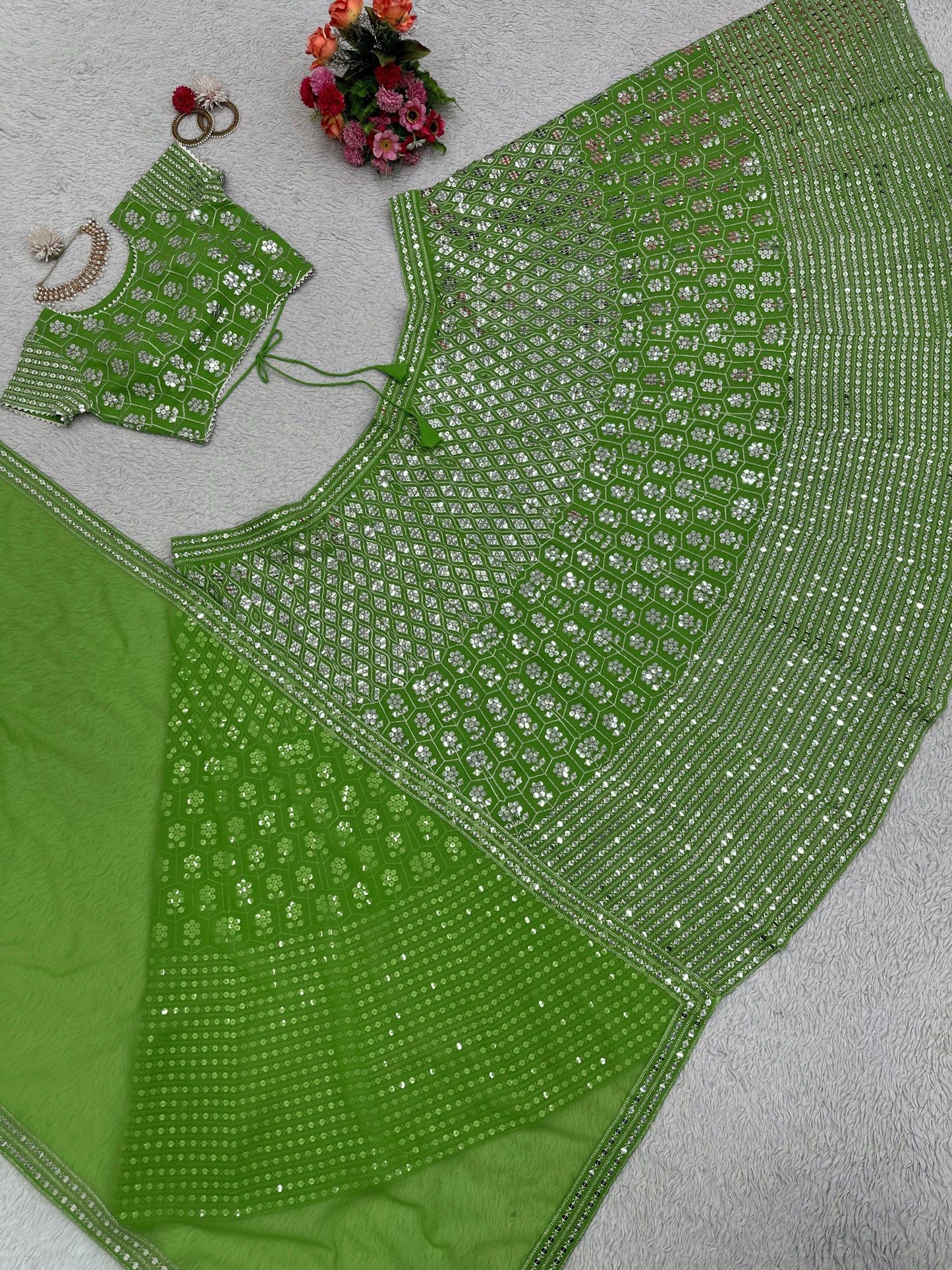 Sequins Work Lehenga Set in Green