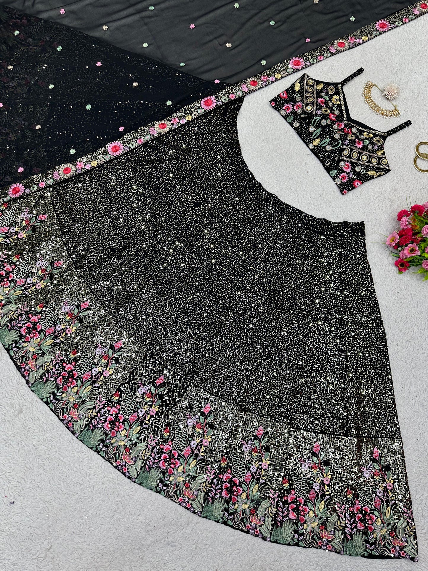 Designer Sequins Work Lehenga in Black