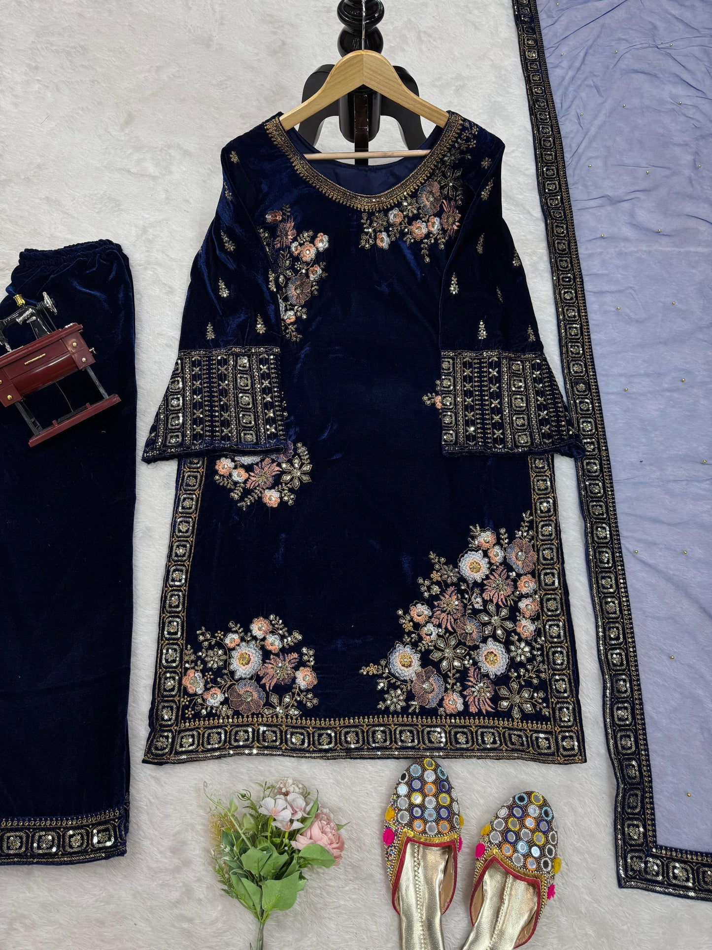 Embroidered Velvet Kurta Set