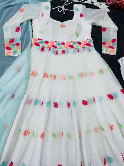 Floral Embroidered Anarkali Set in White