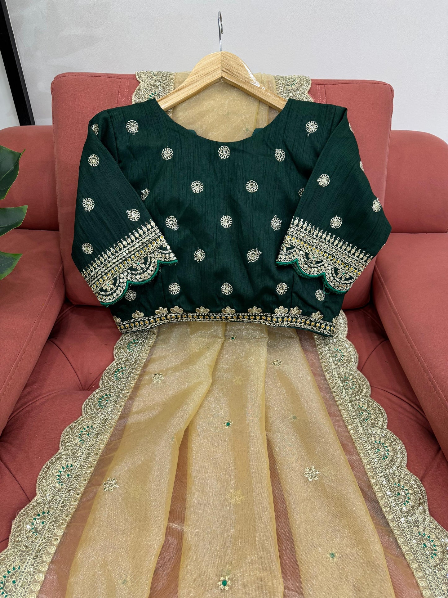 Twill Net Saree in Green and Gold