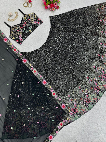 Designer Sequins Work Lehenga in Black