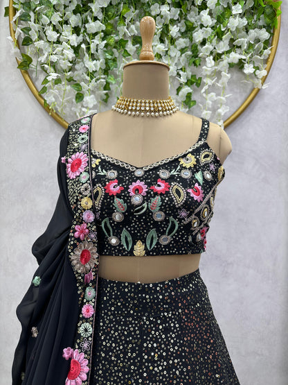 Designer Sequins Work Lehenga in Black