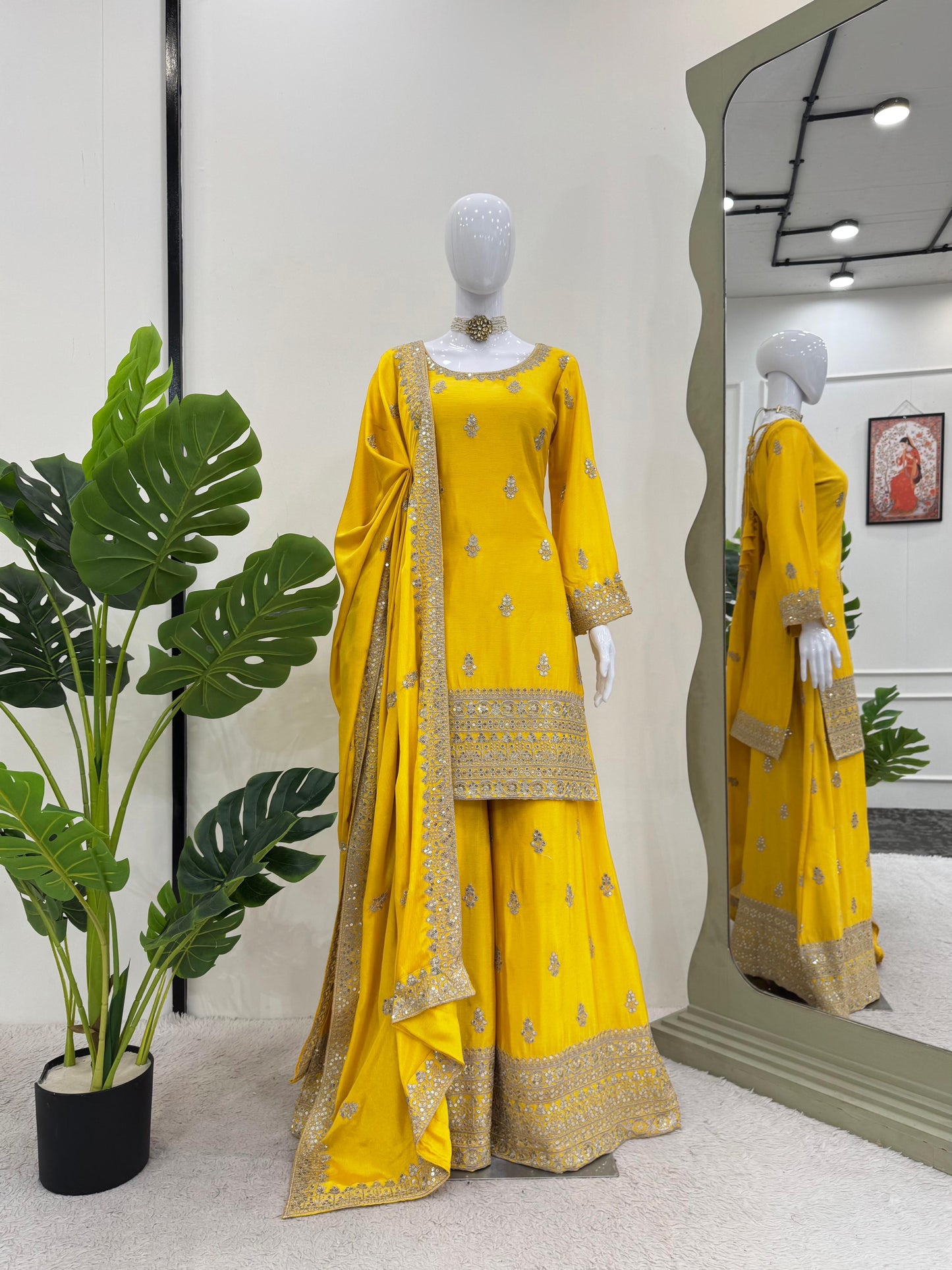 Embroidered Chinon Silk Kurta Palazzo Set